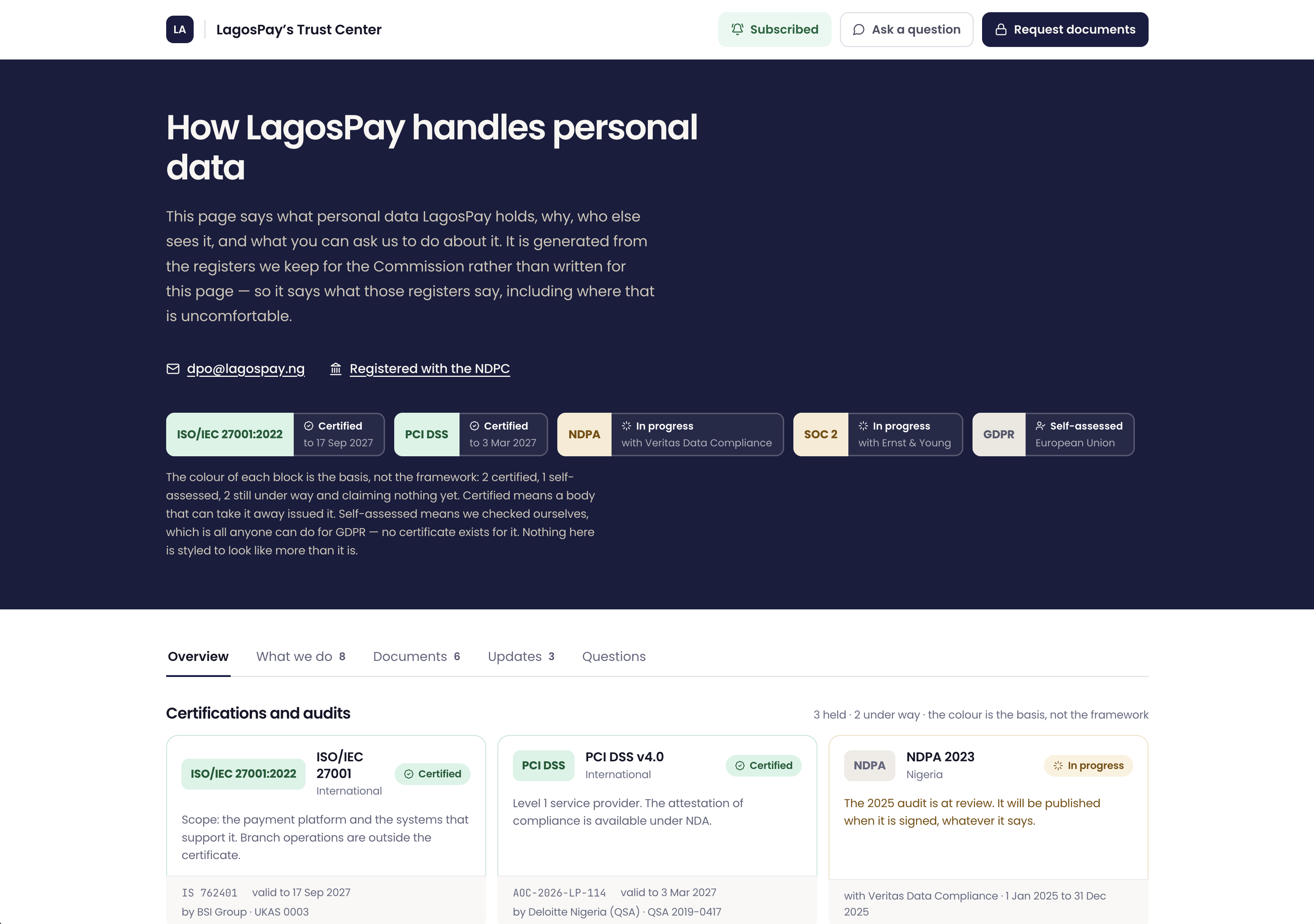 The LagosPay demonstration trust page showing example declarations and statuses